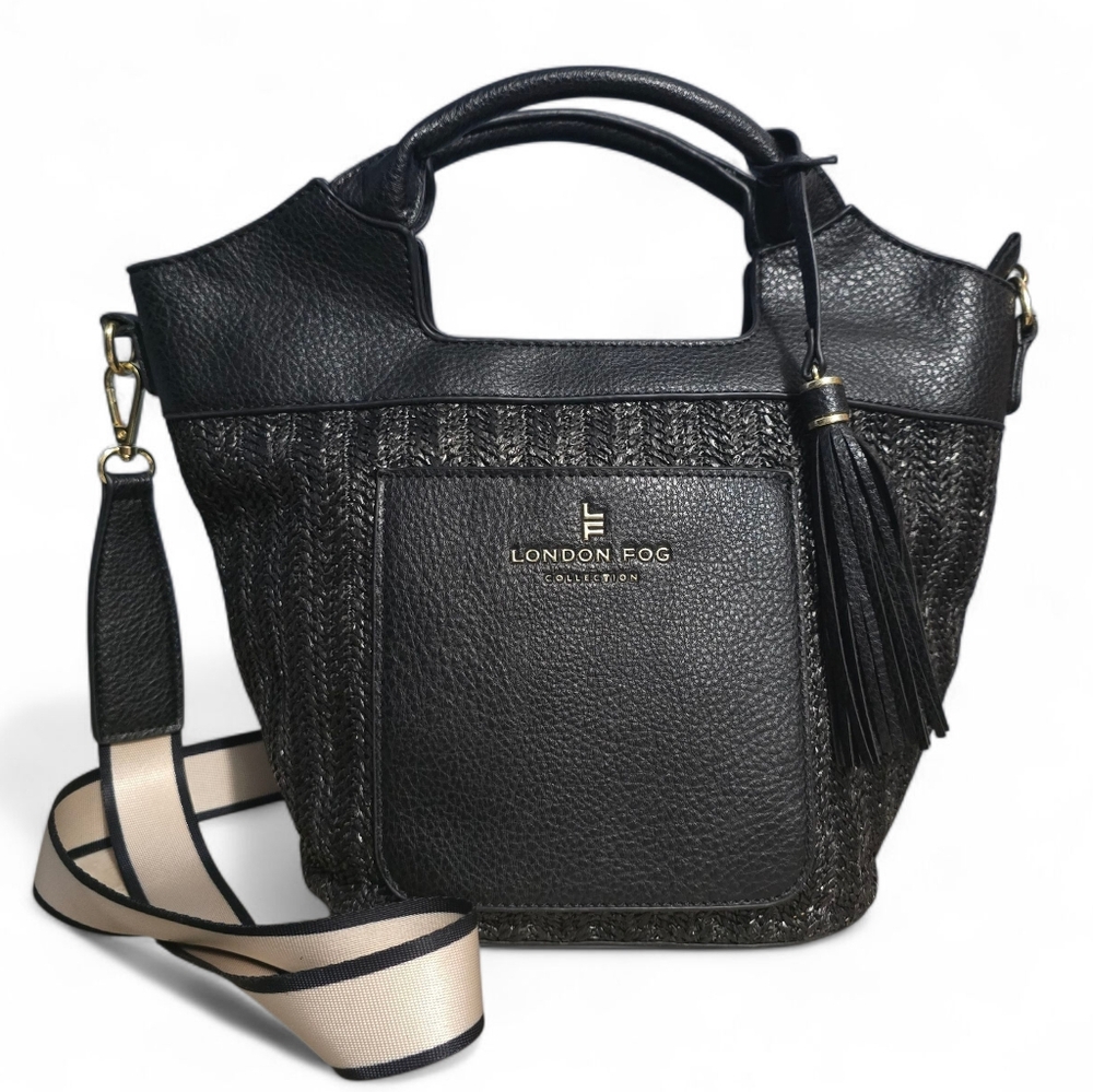 London Fog Black Woven Crossbody Handbag